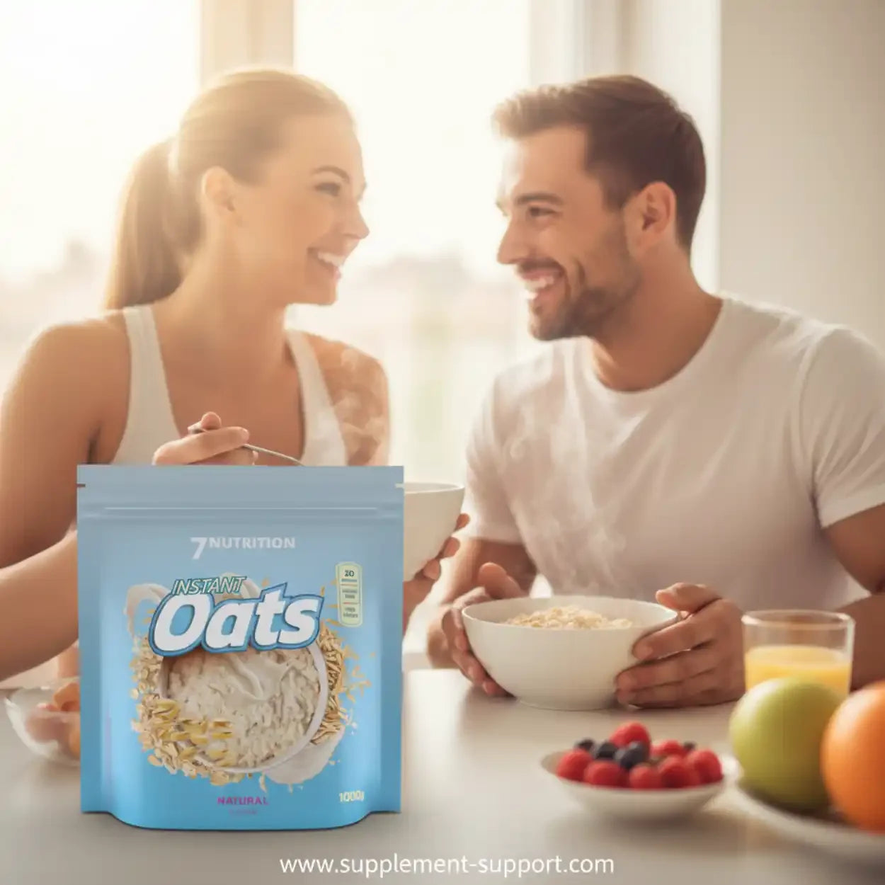 Paar frühstückt zusammen mit Instant Oats Haferflocken von 7 Nutrition, gesunde Ernährung Berlin