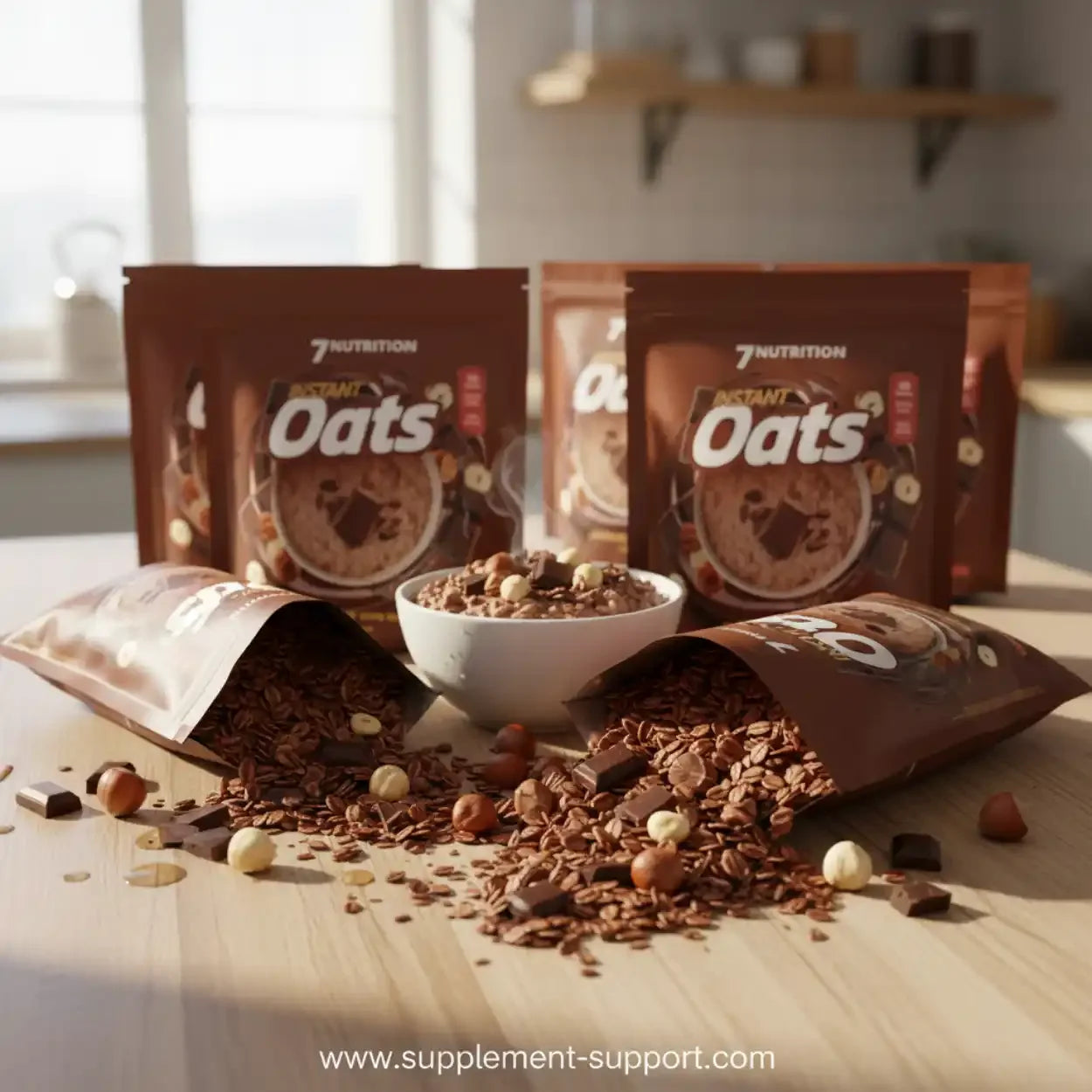 Instant Oats Schokolade und Nuss von 7Nutrition, Sportnahrung auf Tisch, Supplement-Support.com