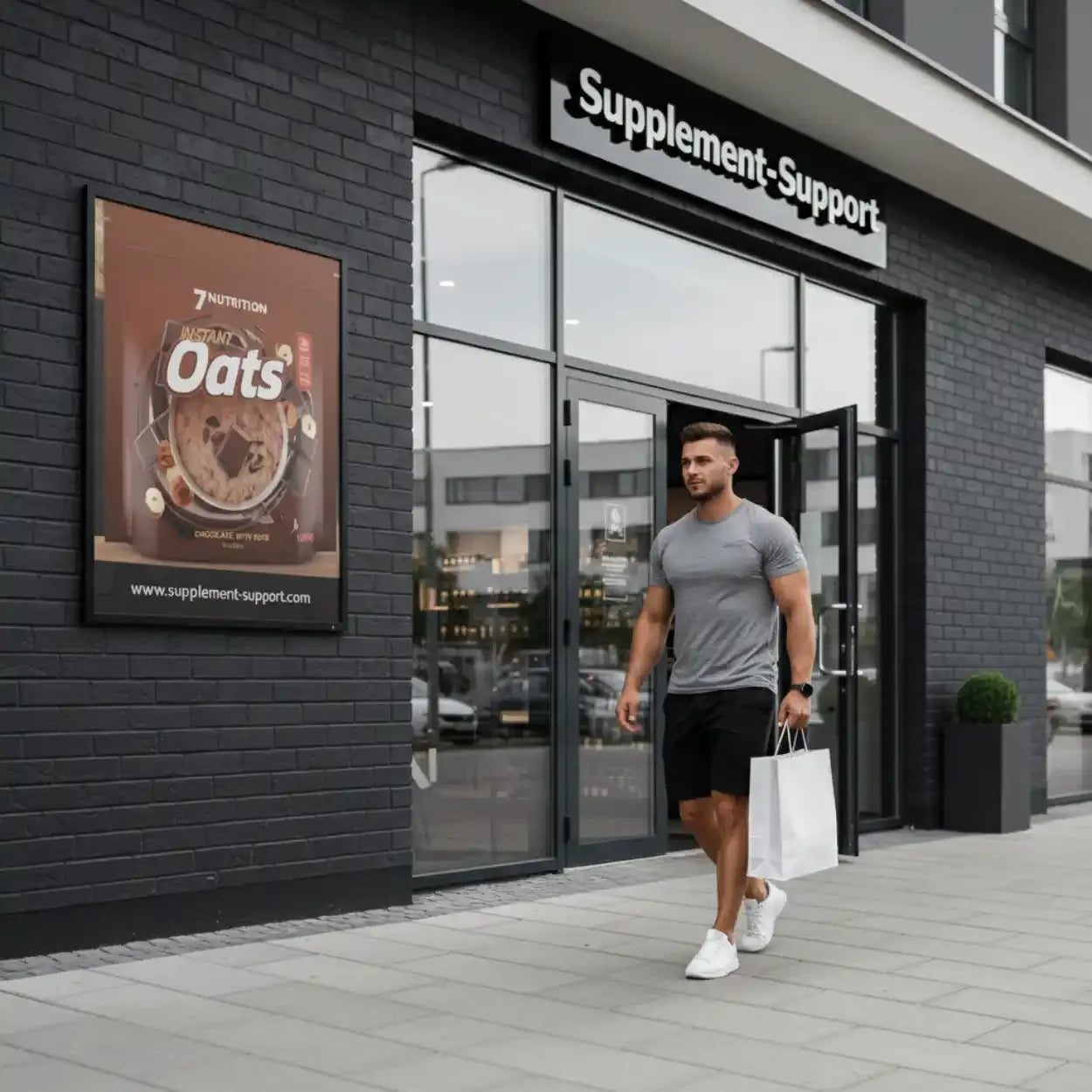 Sportlicher Mann verlässt Supplement-Support-Shop in Berlin mit Einkaufstasche, Plakat für Instant Oats an der Wand.