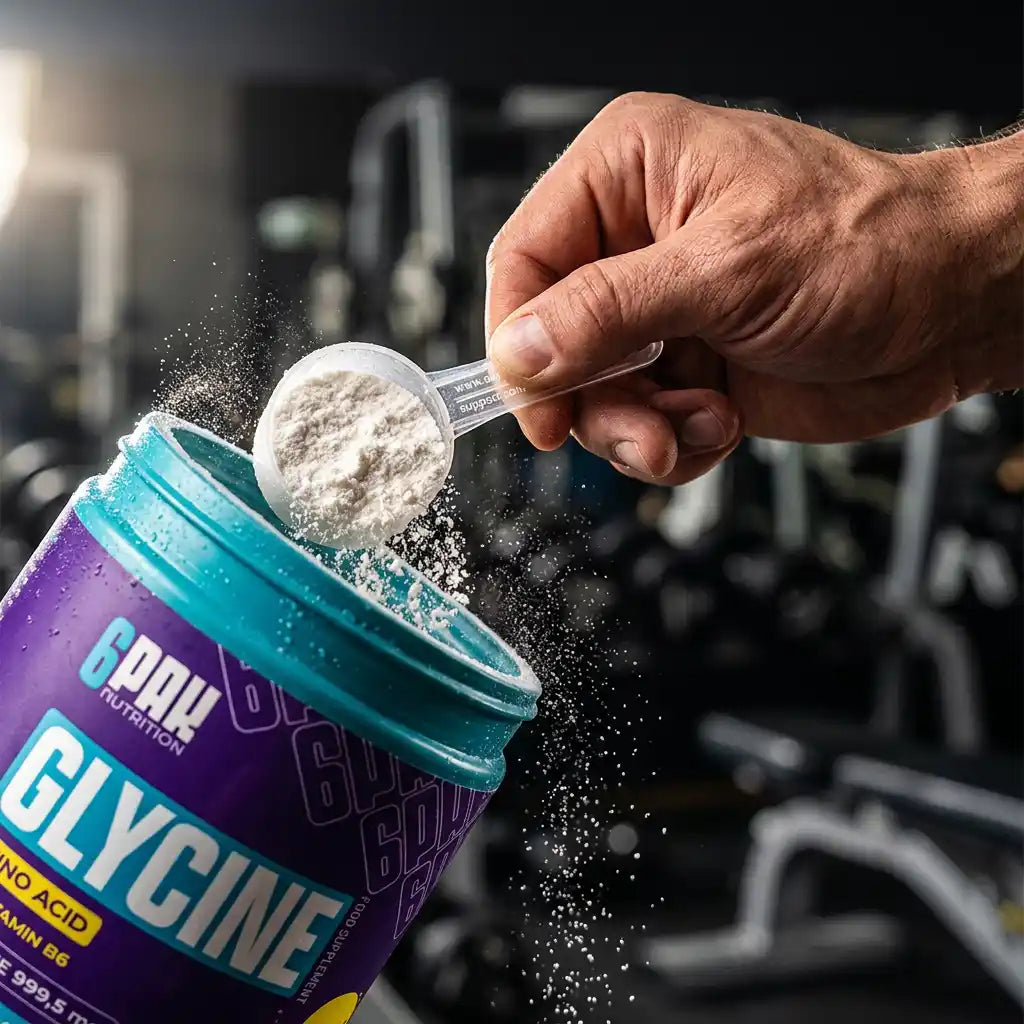 Eine Hand gibt Glycin Pulver von TREC NUTRITION mit einem Messlöffel in einen Behälter.