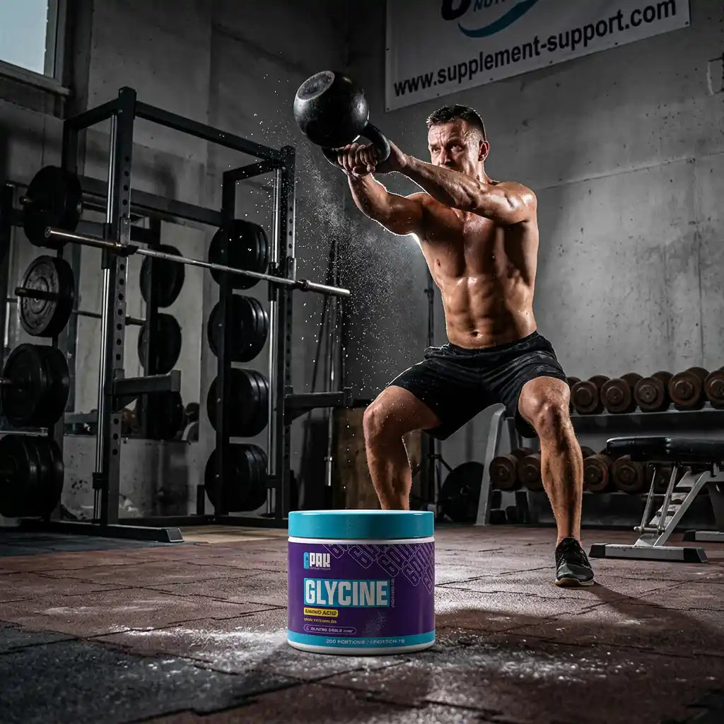 TREC NUTRITION Glycine Nahrungsergänzung vor einem muskulösen Mann mit Kettlebell im Gym