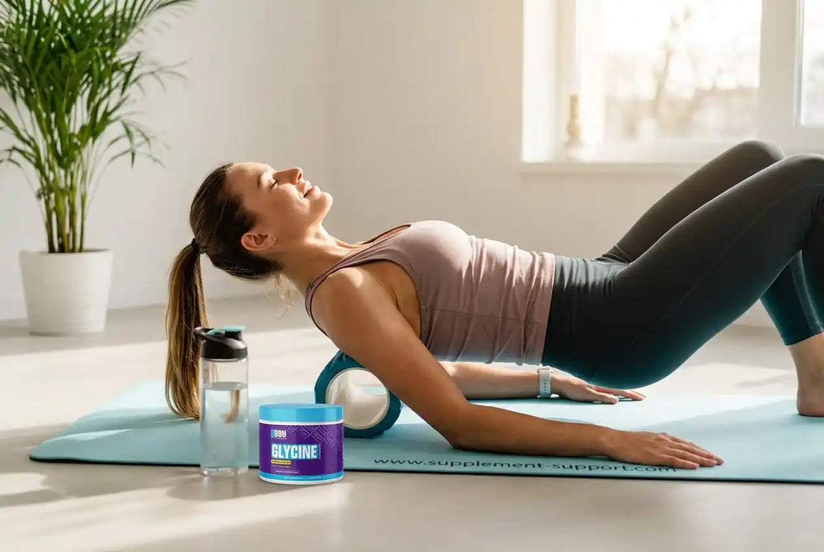 Frau nutzt Faszienrolle beim Training neben einer Dose TREC NUTRITION Glycin auf einer Matte.