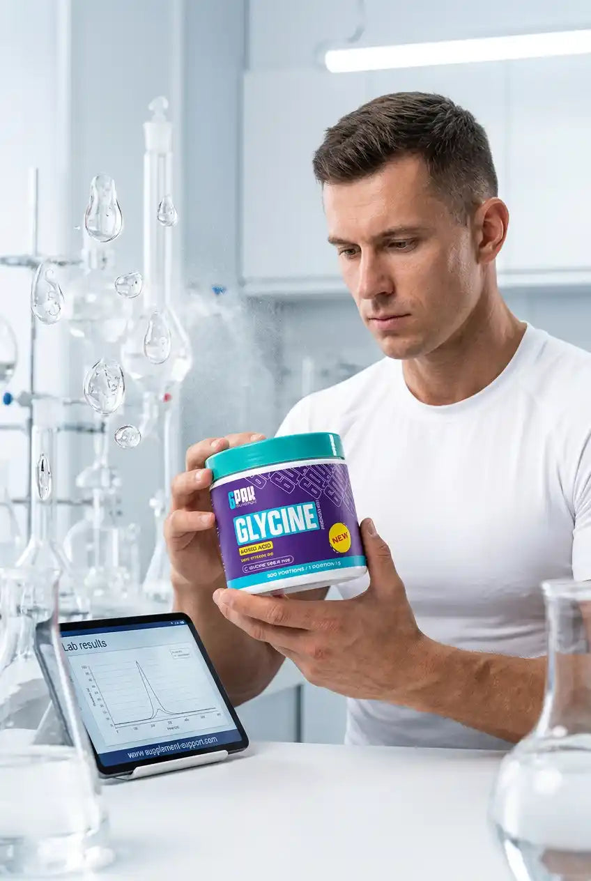 Mann hält eine Dose TREC NUTRITION Glycine in einem Labor mit Analysegeräten.