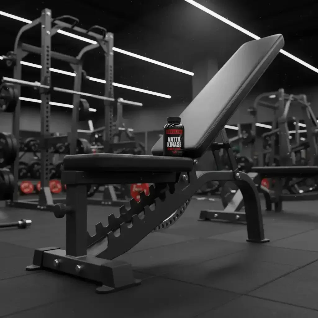 Natto Kinase Kapseln auf Trainingsbank im Fitnessstudio – Sportnahrung & Nahrungsergänzung