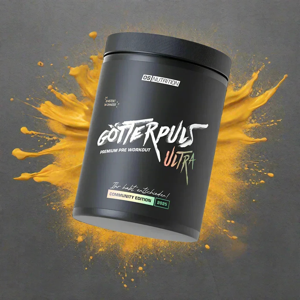 OS Nutrition Götterpuls Ultra Premium Pre Workout Community Edition 2025 Dose vor gelbem Splash