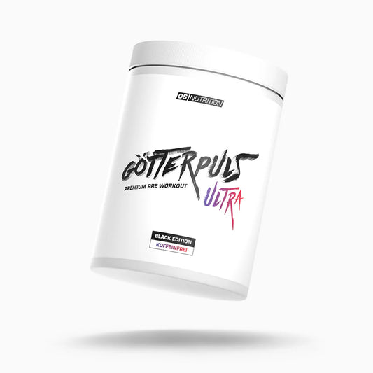 Weiße Dose Götterpuls Ultra Pre-Workout Black Edition koffeinfrei vor weißem Hintergrund