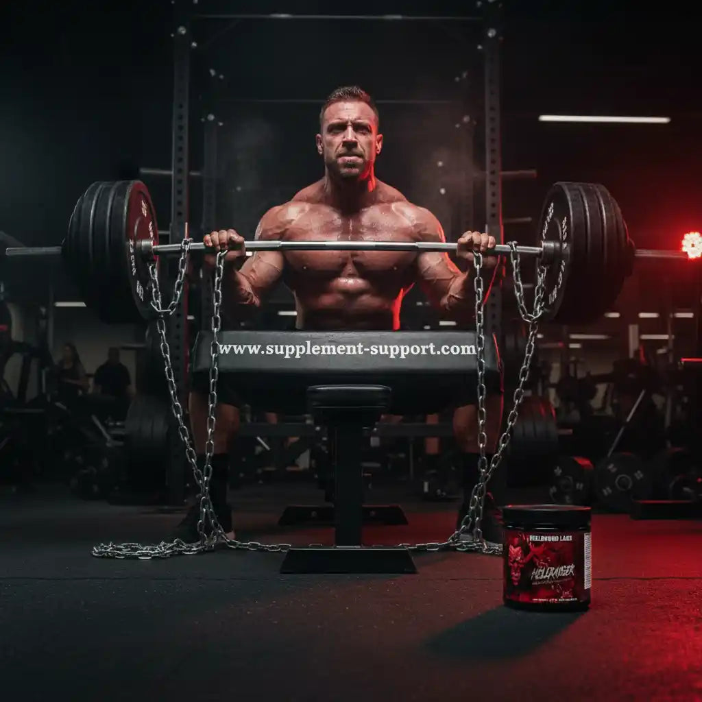 Muskulöser Athlet mit Hantel und Ketten im Fitnessstudio, neben Nahrungsergänzungsmittel-Dose
