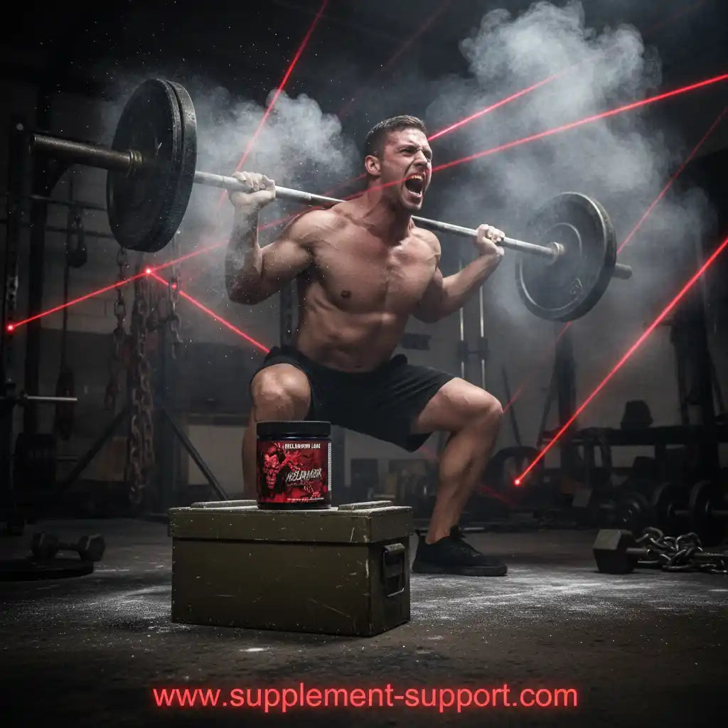 Muskulöser Athlet mit Hantel im Fitnessstudio, Nahrungsergänzungsmittel im Vordergrund, Sportnahrung für Krafttraining