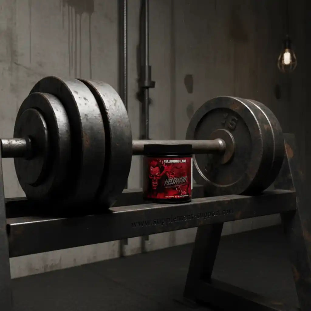 Hellsnus Pre-Workout Dose auf Bank neben Hantel im Fitnessstudio, Sportnahrung für Krafttraining
