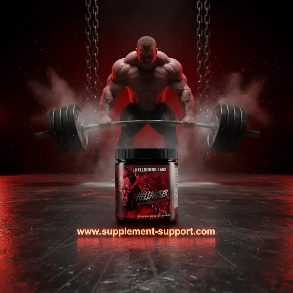 Muskelmann hebt Gewicht, vor ihm Hellbound Labs Pre-Workout Dose, ideal für Fitness und Sport