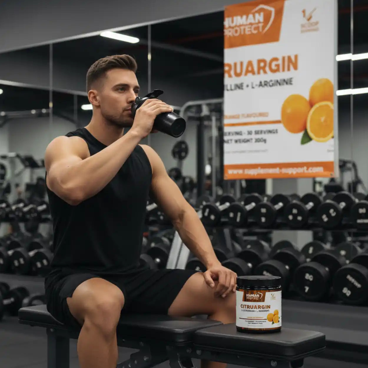 Mann trinkt Nahrungsergänzungsmittel in einem Fitnessstudio mit Hanteln im Hintergrund.