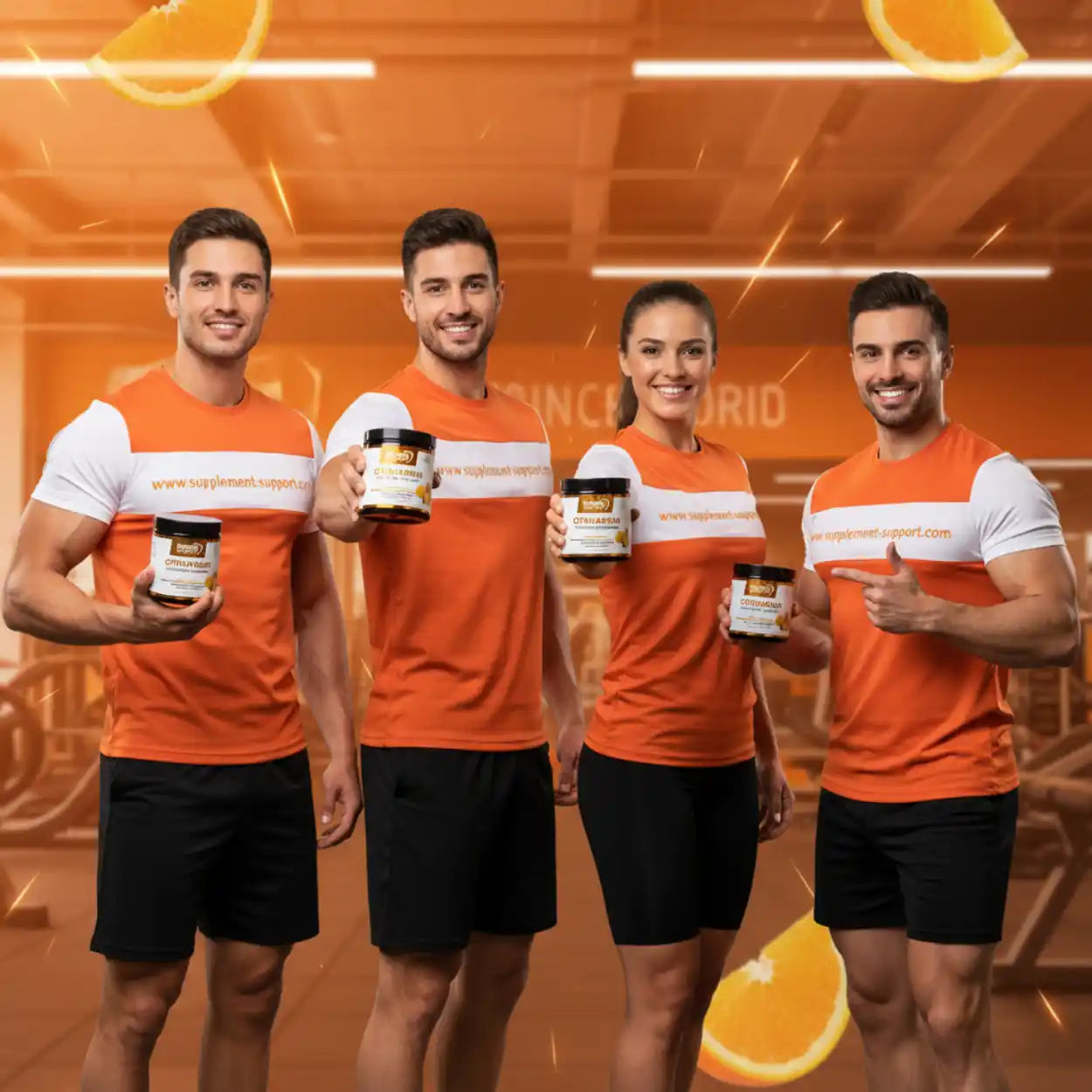 Vier sportliche Menschen im Fitnessstudio präsentieren Nahrungsergänzungsmittel mit Orangen-Motiv.