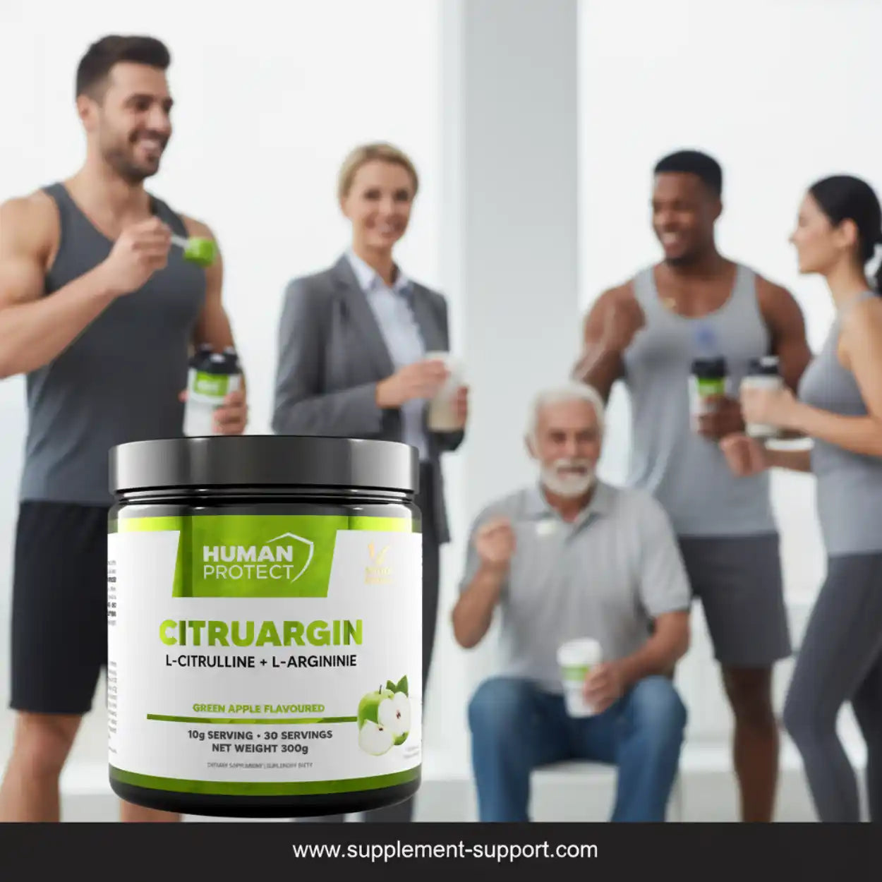 Human Protect Citruargin Supplement mit L-Citrullin und L-Arginin, grüner Apfel Geschmack.
