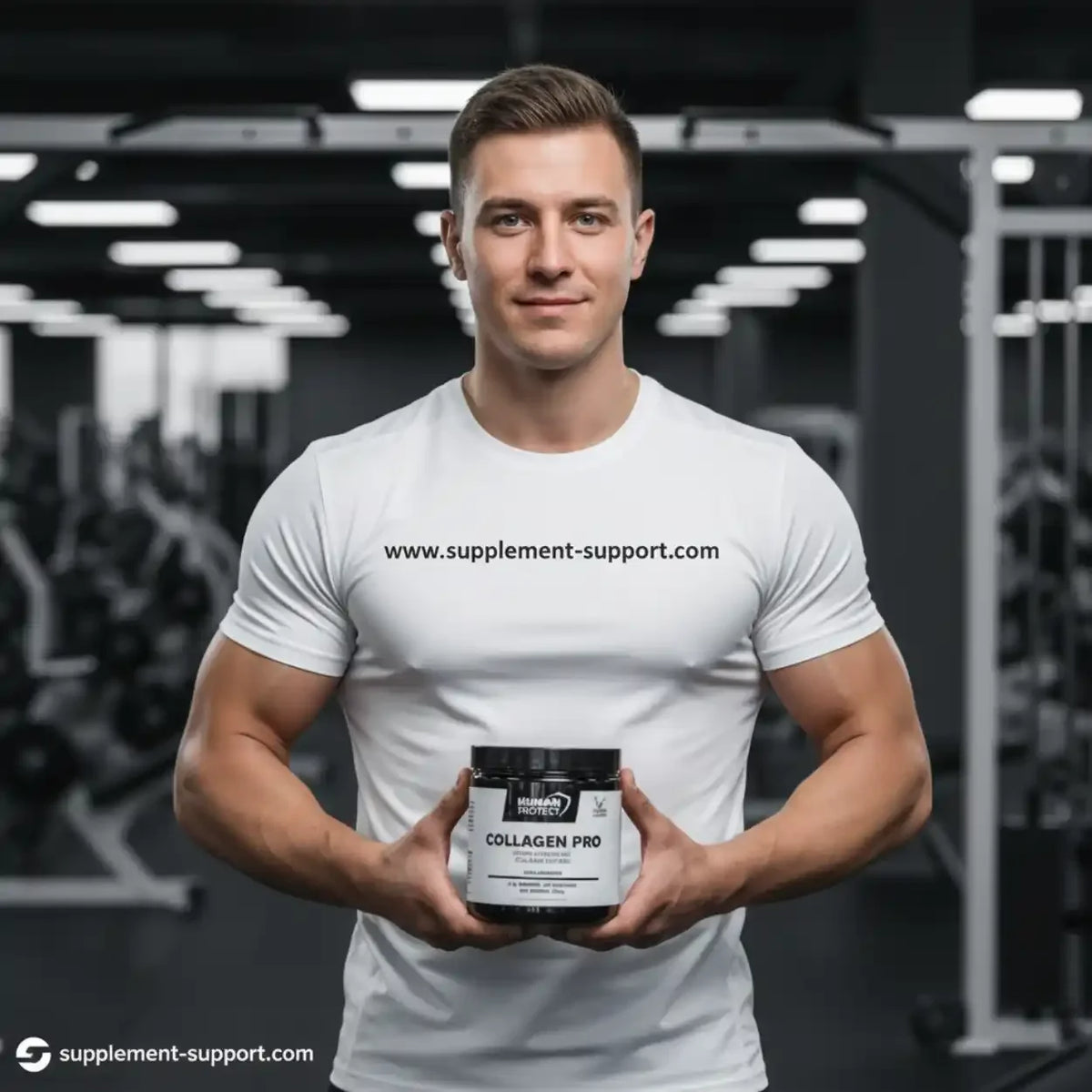 Muskulöser Mann hält Collagen Pro Nahrungsergänzung in einem Fitnessstudio.