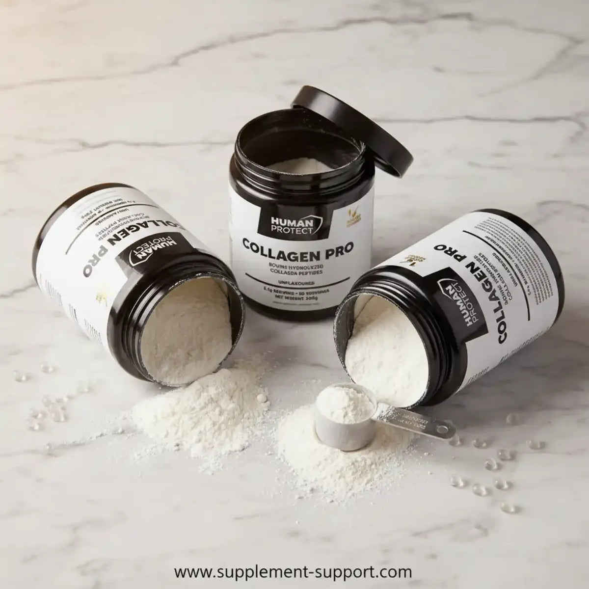 Human Protect Collagen Pro Kollagen-Peptide Pulver in schwarzen Dosen auf Marmor.