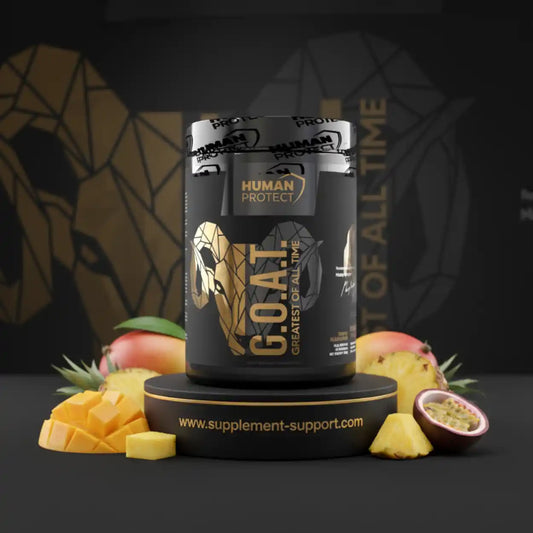 Human Protect GOAT Nahrungsergänzung in schwarzer Dose mit frischen Früchten.
