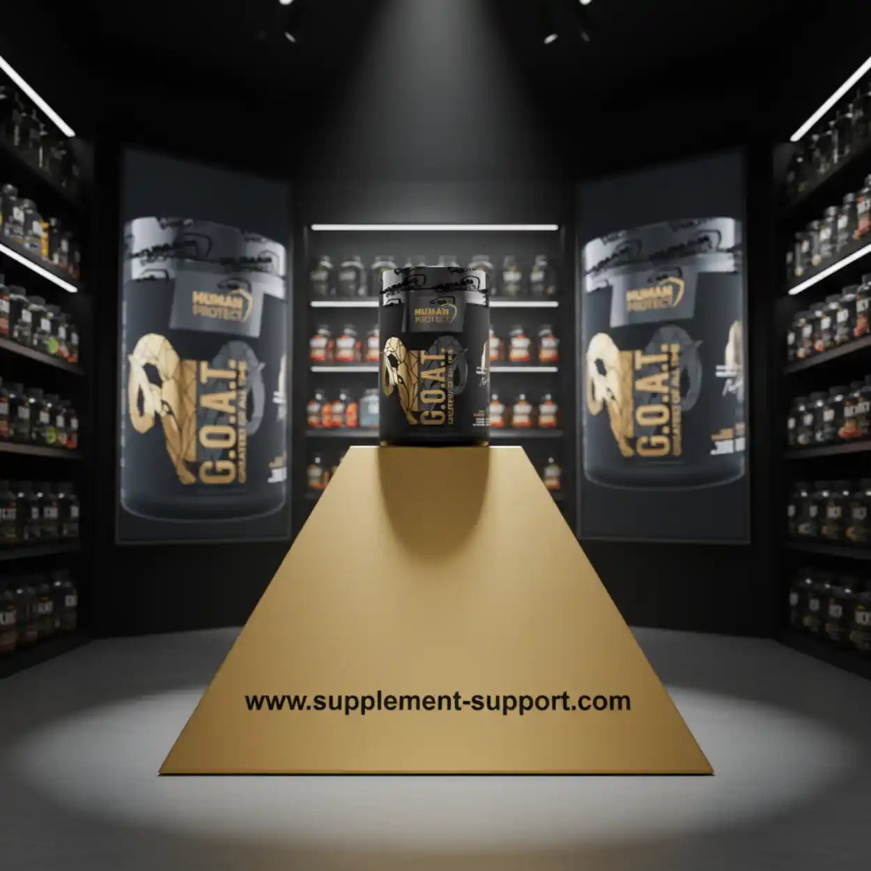 G.O.A.T. Nahrungsergänzungsmittel Dose auf goldenem Podest im Fitness-Shop.