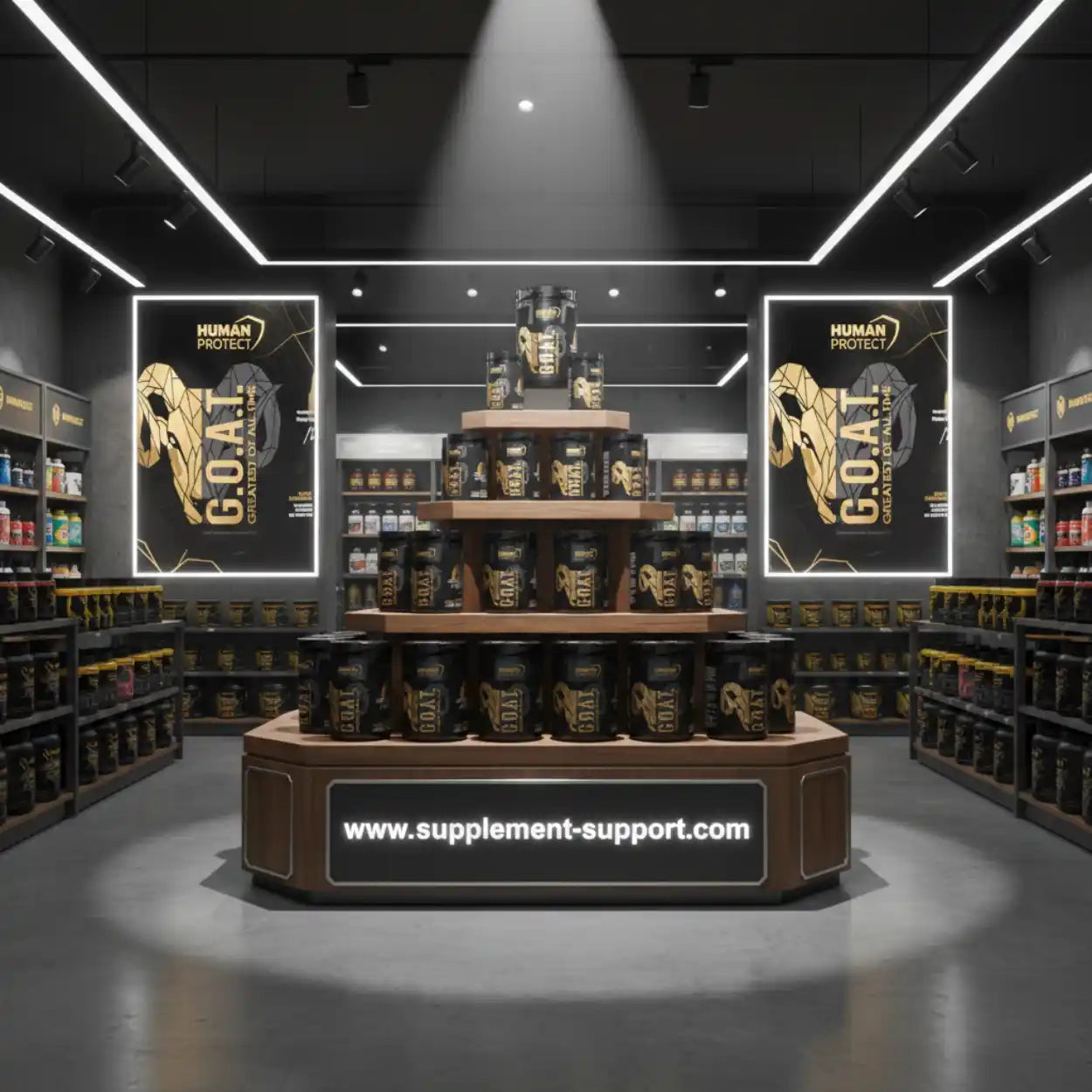 Modernes Supplement-Geschäft mit G.O.A.T. Sportnahrung in Regalen und auf einem Präsentiertisch.