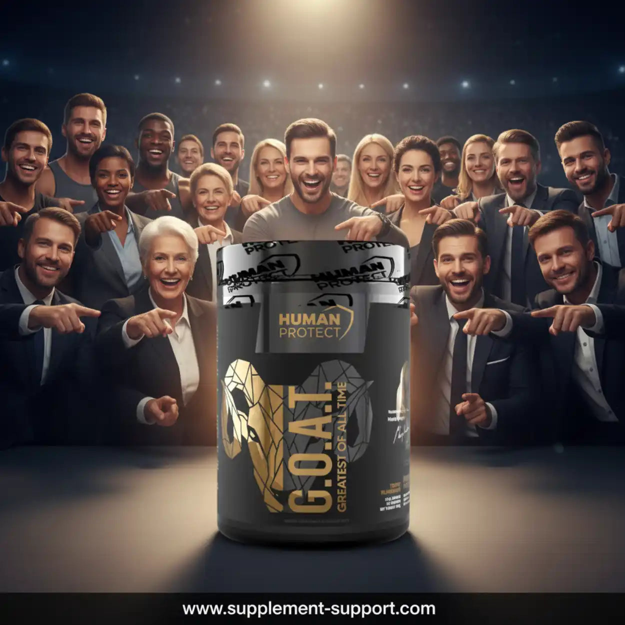 Human Protect G.O.A.T. Sportnahrung Dose vor einer Gruppe begeisterter Menschen.