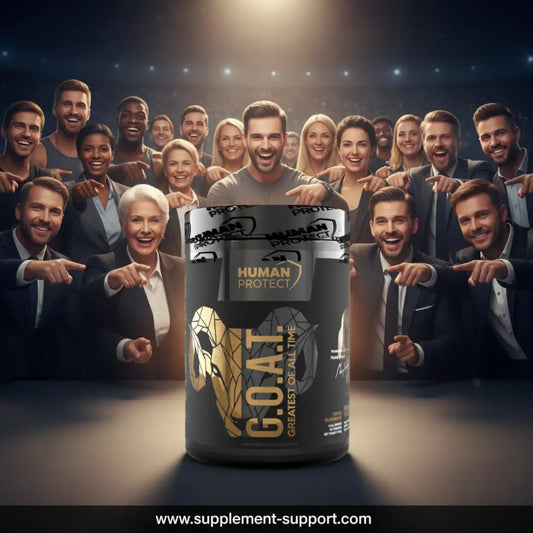 Human Protect G.O.A.T. Sportnahrung Dose vor einer Gruppe begeisterter Menschen.
