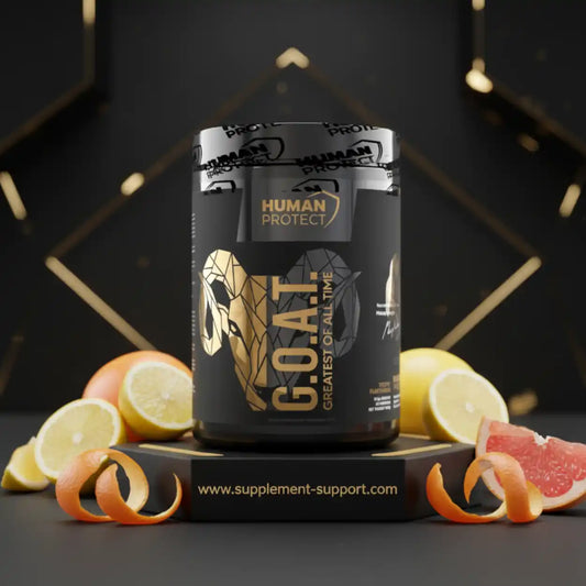 Human Protect G.O.A.T. Nahrungsergänzungsmittel Dose mit Zitrusfrüchten auf dunklem Hintergrund