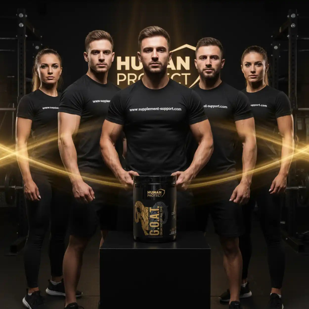 Gruppe von Sportlern in schwarzer Kleidung mit G.O.A.T. Nahrungsergänzungsmittel im Fitnessstudio.
