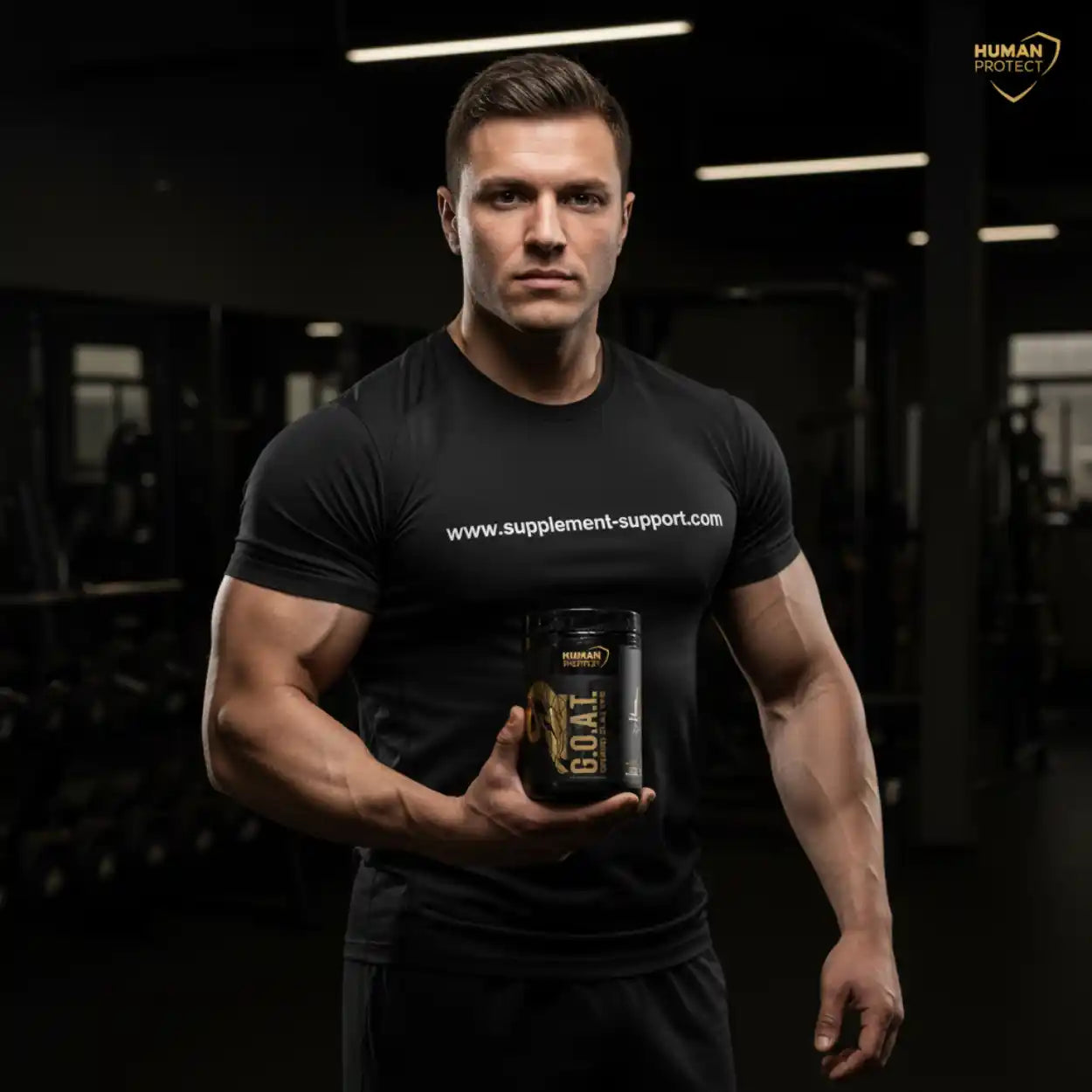 Muskulöser Mann im Fitnessstudio hält eine Dose Human Protect GOAT Nahrungsergänzung.