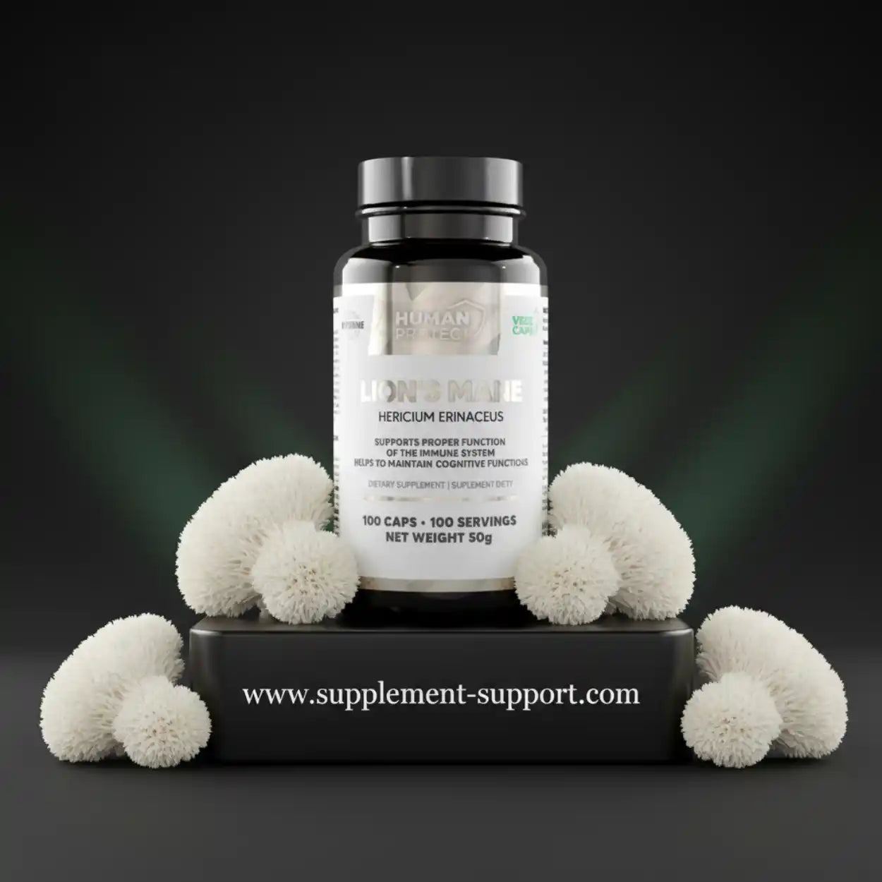 Lion's Mane Hericium Erinaceus Nahrungsergänzungsmittel in einer schwarzen Dose.