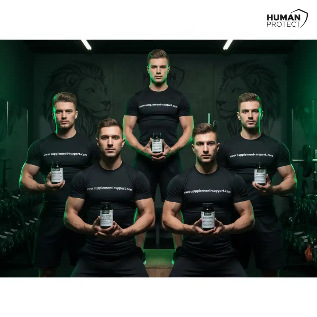 Muskulöse Männer präsentieren Nahrungsergänzungsmittel in einem Fitnessstudio.