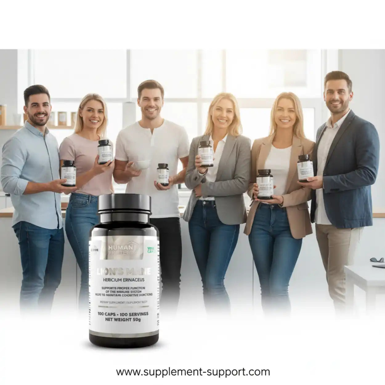 Gruppe lächelnder Menschen hält Nahrungsergänzungsmittel wie Lion's Mane für Fitness und Gesundheit.