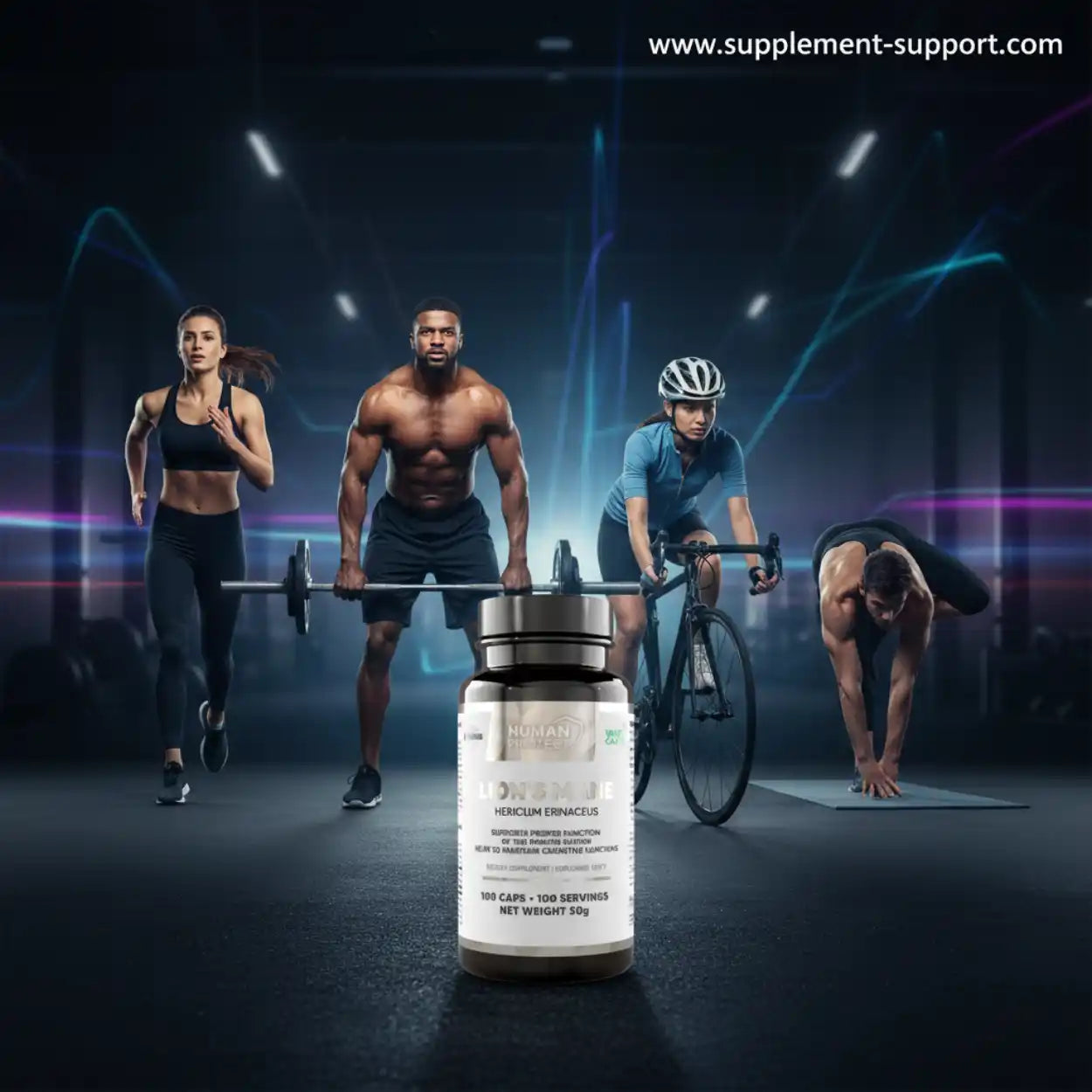 Nahrungsergänzungsmittel Lion's Mane Kapseln vor sportlichen Athleten im Fitnessstudio.