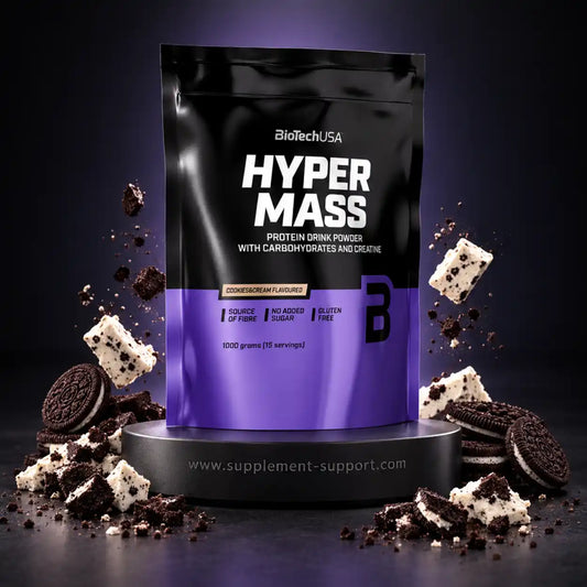BioTech USA Hyper Mass Proteinpulver Cookies & Cream 1000g mit Keksen und Creme-Stücken