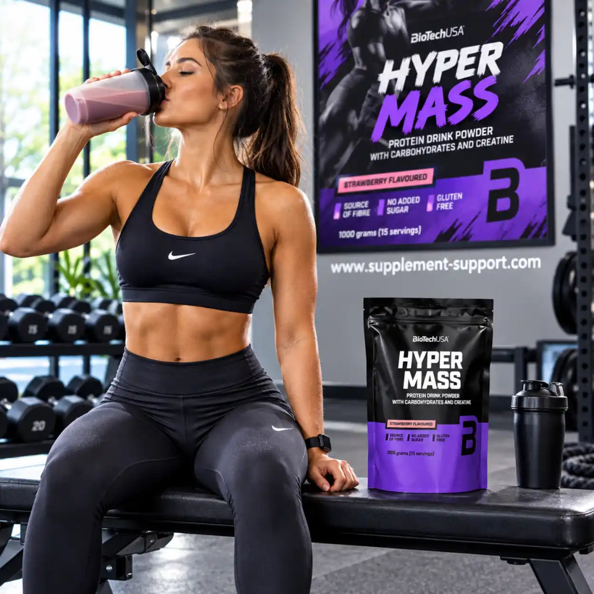 Muskulöse Frau trinkt Proteinshake neben BioTech USA Hyper Mass Weight Gainer im Fitnessstudio