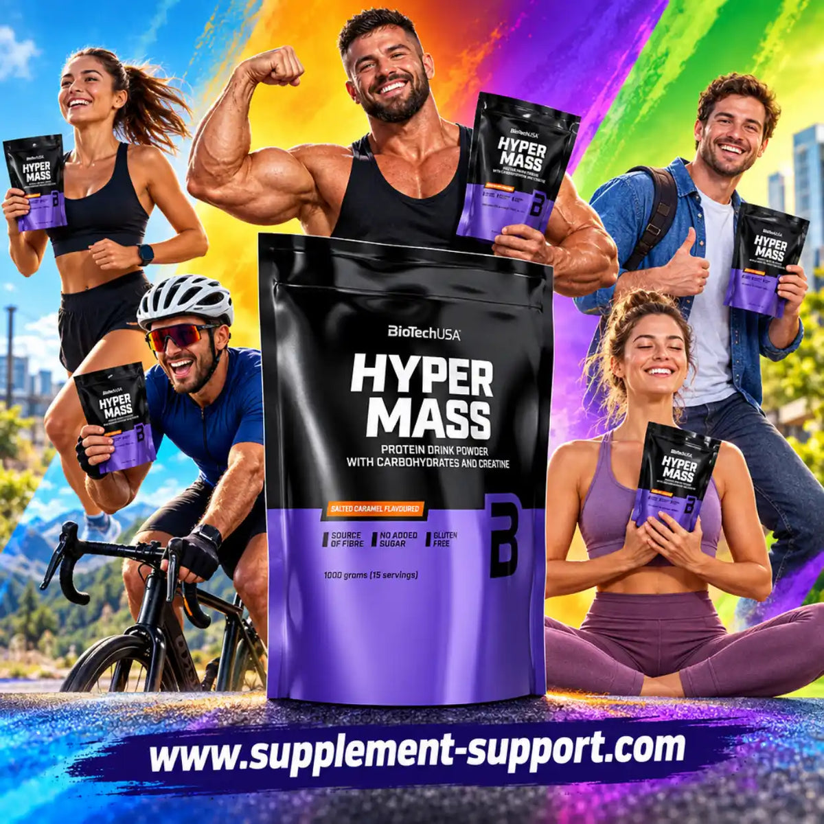 BioTech USA Hyper Mass Protein-Pulver Packung mit Sportlern vor buntem Hintergrund