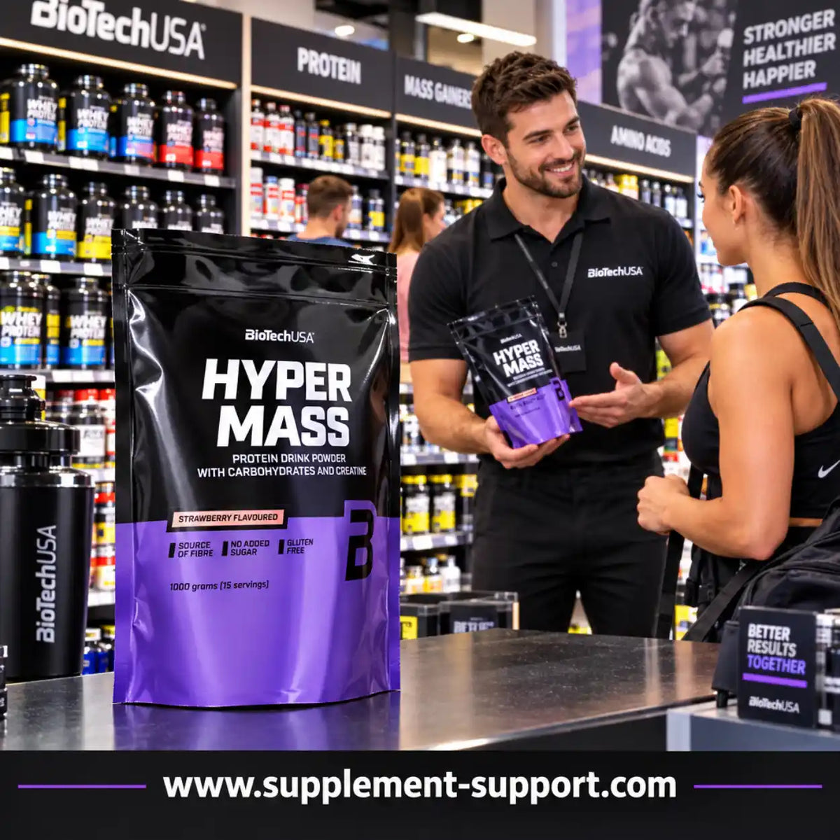 BioTech USA Hyper Mass Protein-Pulver in einem Supplement-Store mit Beratung durch einen Experten.