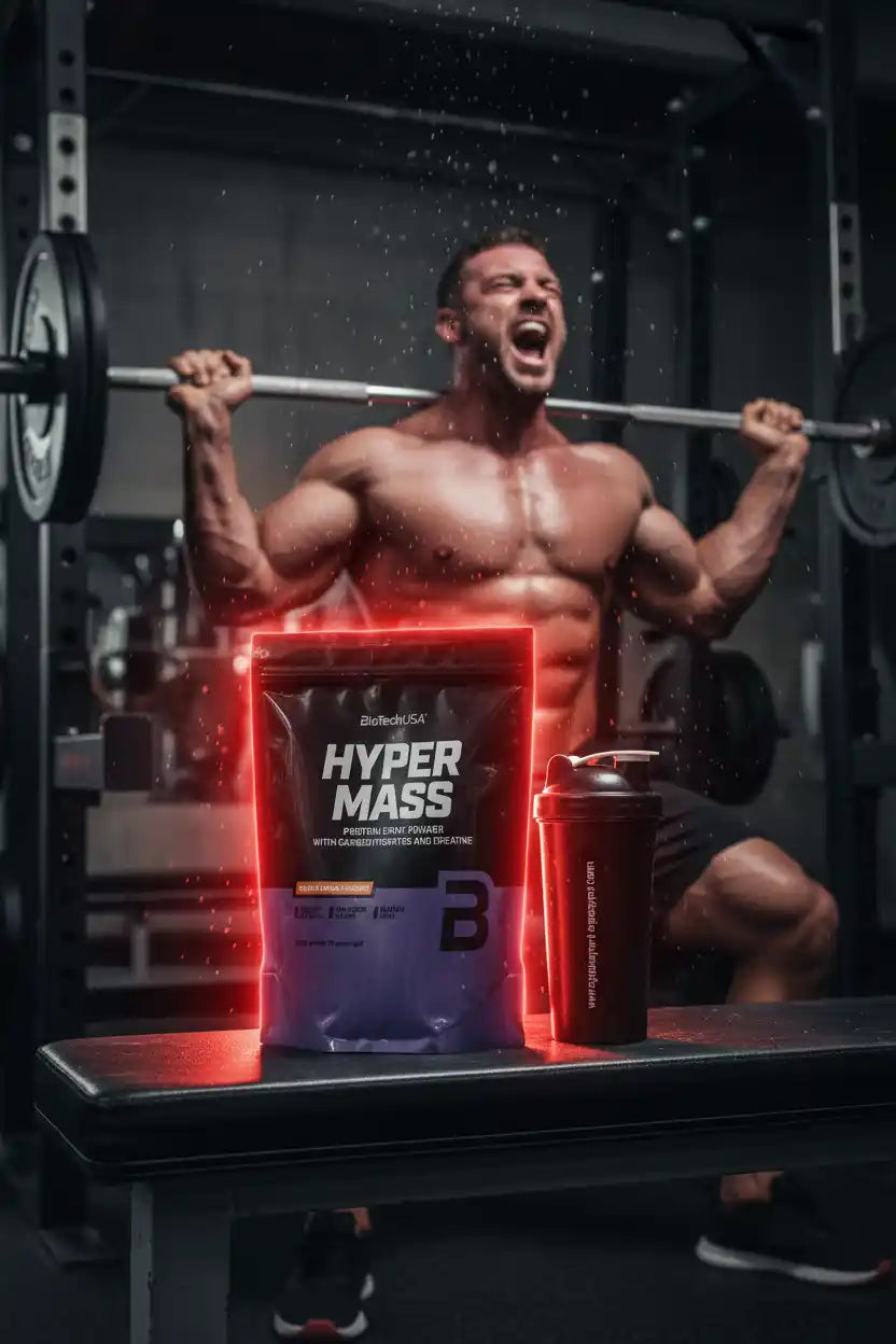 Hyper Mass Protein Powder mit Shaker vor muskulösem Athleten im Fitnessstudio