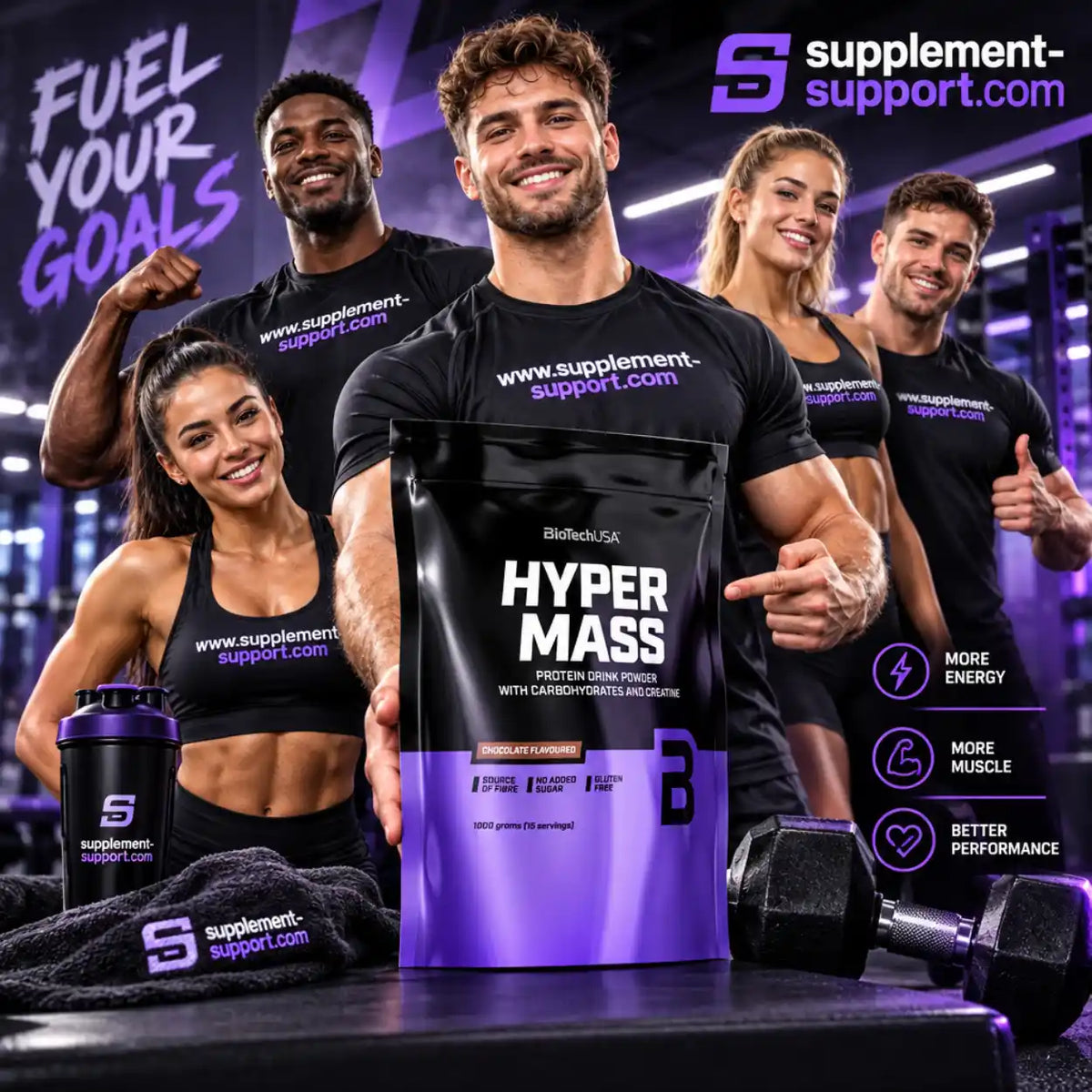 BioTech USA Hyper Mass Protein-Pulver mit Sportlern in einem Fitnessstudio.