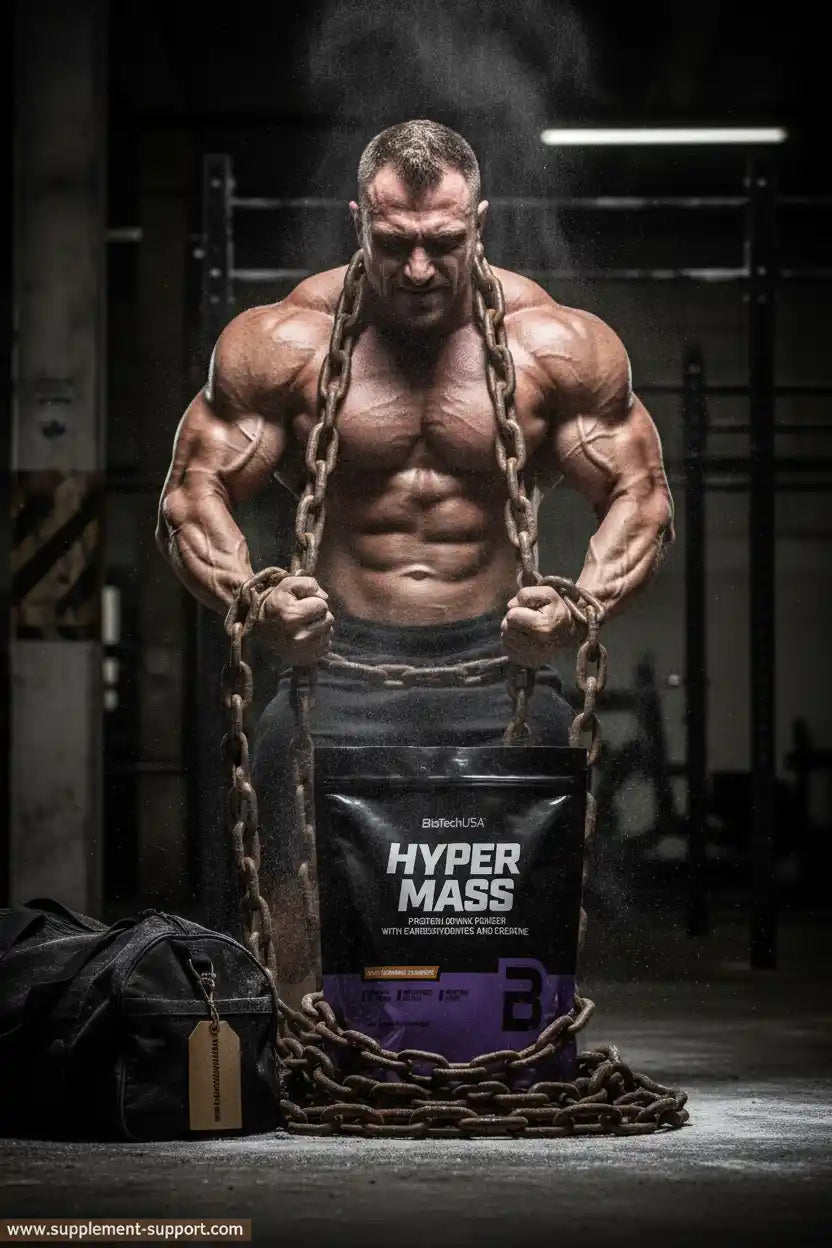 Muskulöser Athlet mit Hyper Mass Protein Powder von BiotechUSA im Fitnessstudio