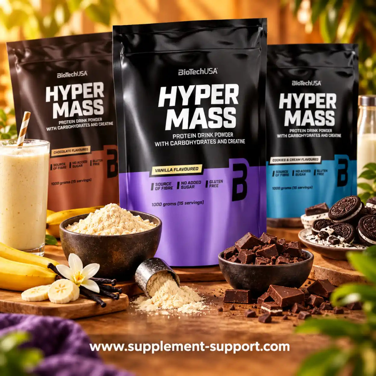 BioTech USA Hyper Mass Weight Gainer in verschiedenen Geschmacksrichtungen mit Bananen und Schokolade.