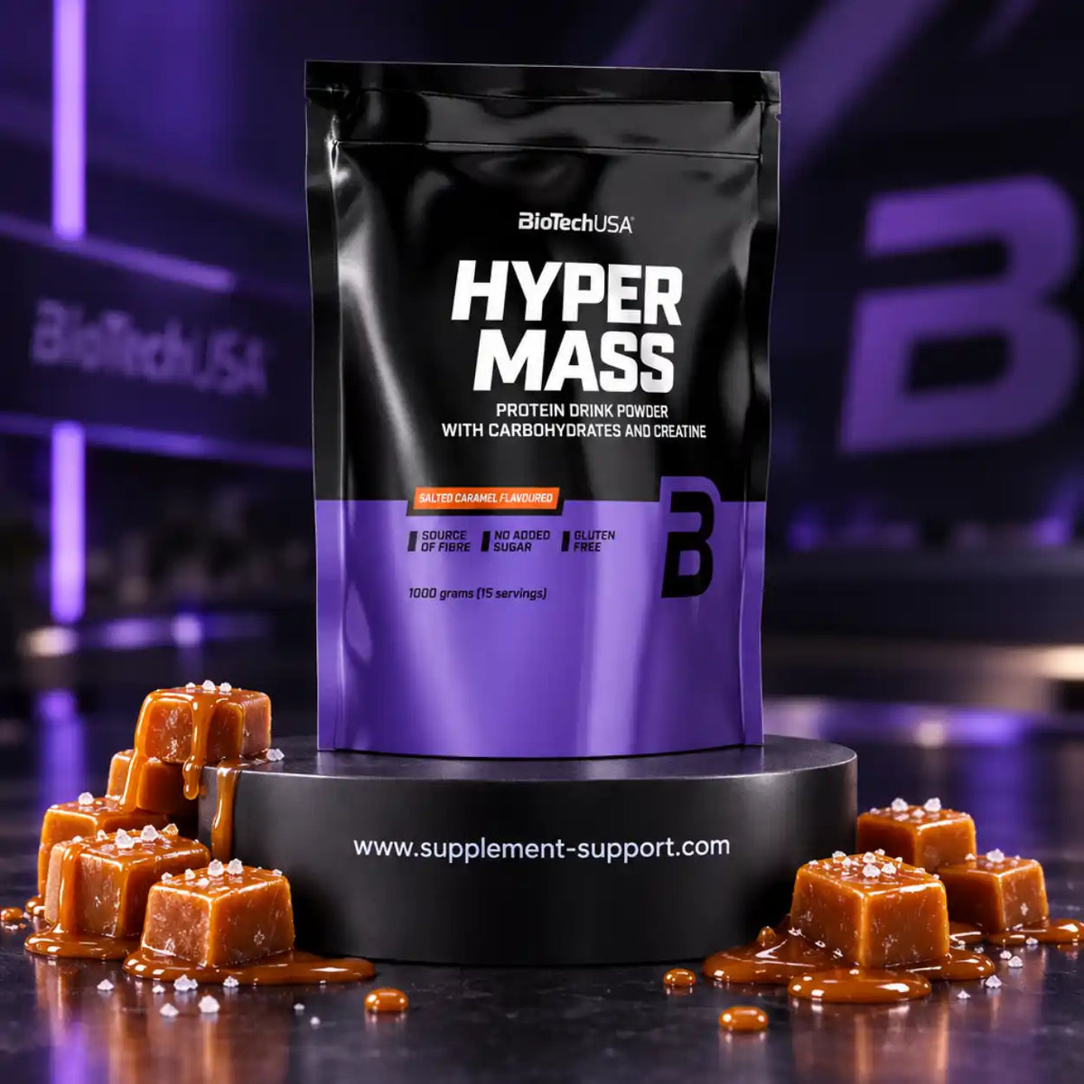 BioTech USA Hyper Mass Protein Drink Powder in Salted Caramel Geschmack mit Karamellwürfeln.