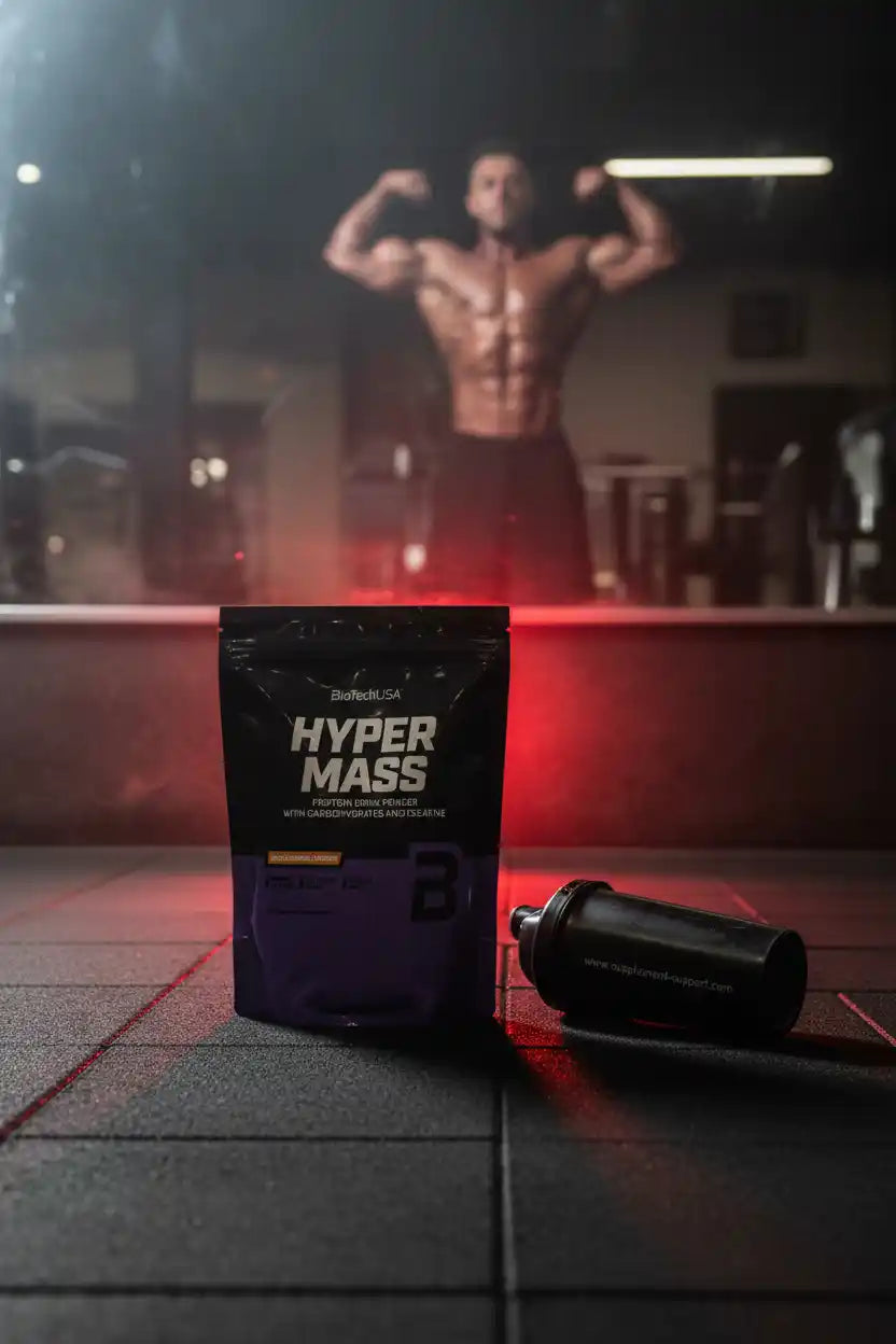 BioTechUSA Hyper Mass Proteinpulver mit Shaker im Fitnessstudio, ideal für Muskelaufbau und Sportler