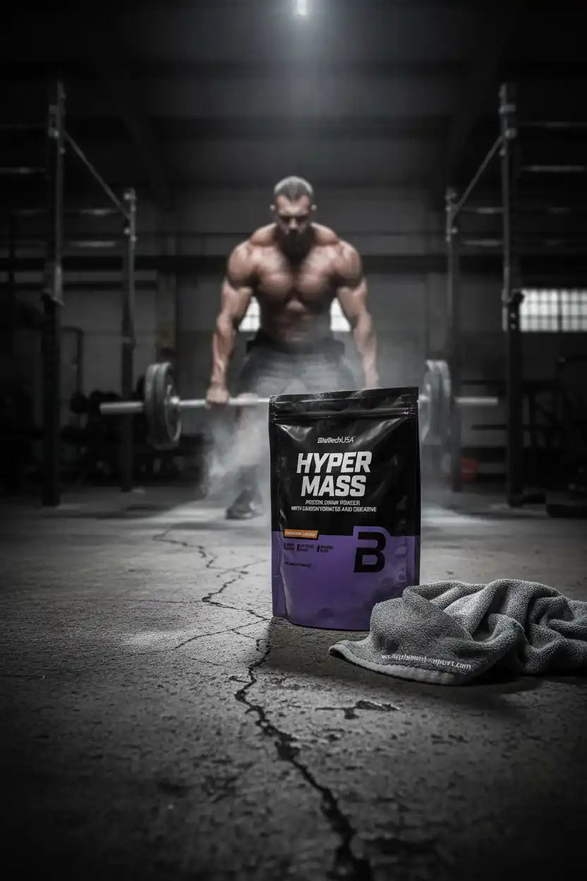Hyper Mass Protein Powder für Muskelaufbau im Fitnessstudio mit Athleten und Gewichten