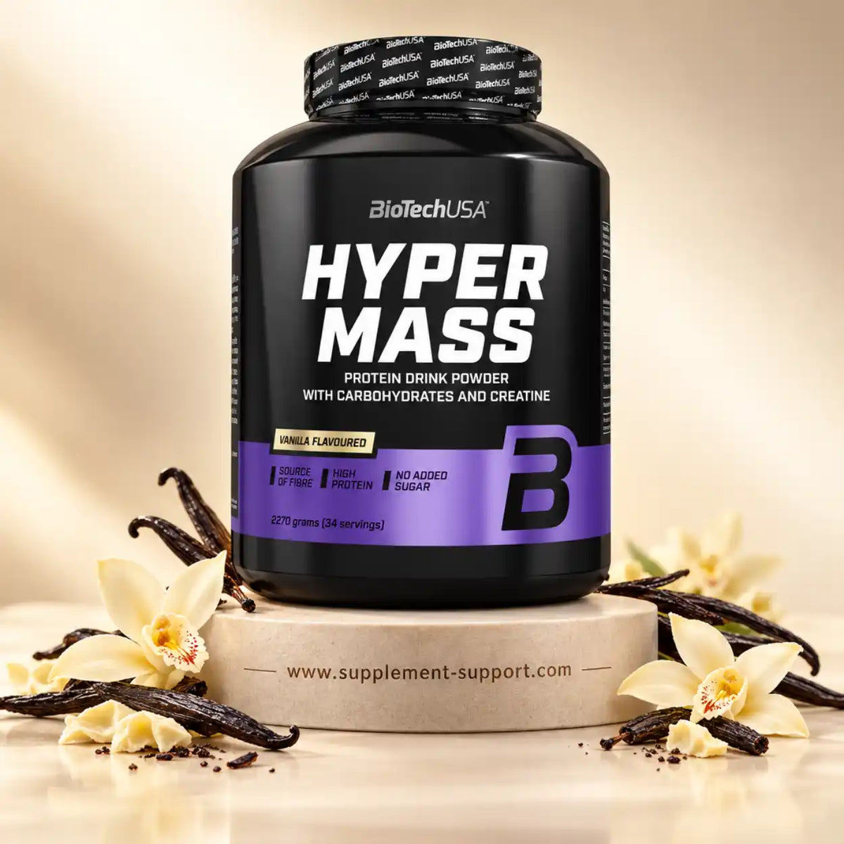 BioTech USA Hyper Mass Protein Drink Powder in Vanille-Geschmack mit Vanilleschoten und Blüten