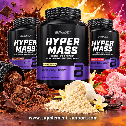 BioTech USA Hyper Mass Protein Drink Powder in verschiedenen Geschmacksrichtungen.
