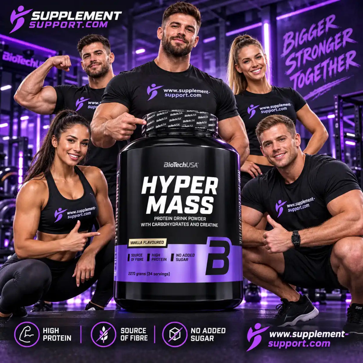 BioTech USA Hyper Mass Protein Drink Powder mit Sportlern im Fitnessstudio.