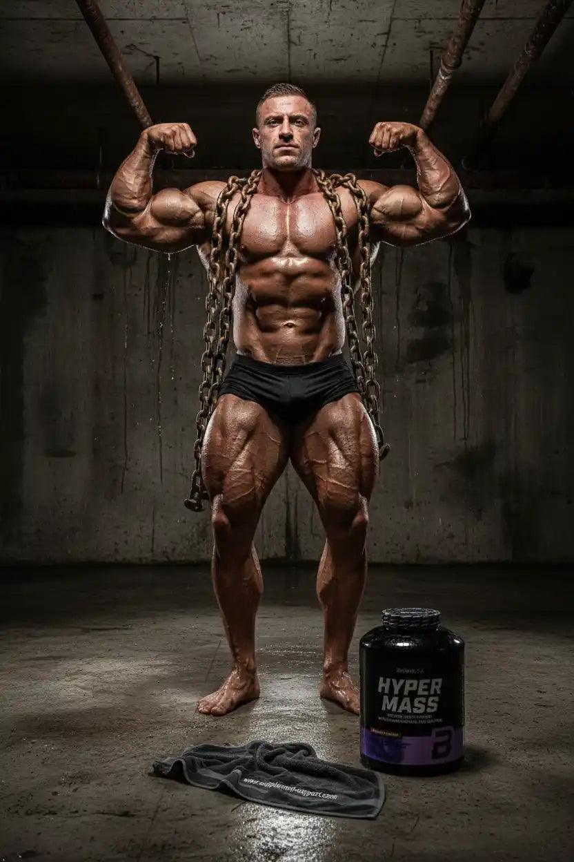 Muskulöser Bodybuilder mit Ketten und Hyper Mass Supplement für Fitness und Muskelaufbau