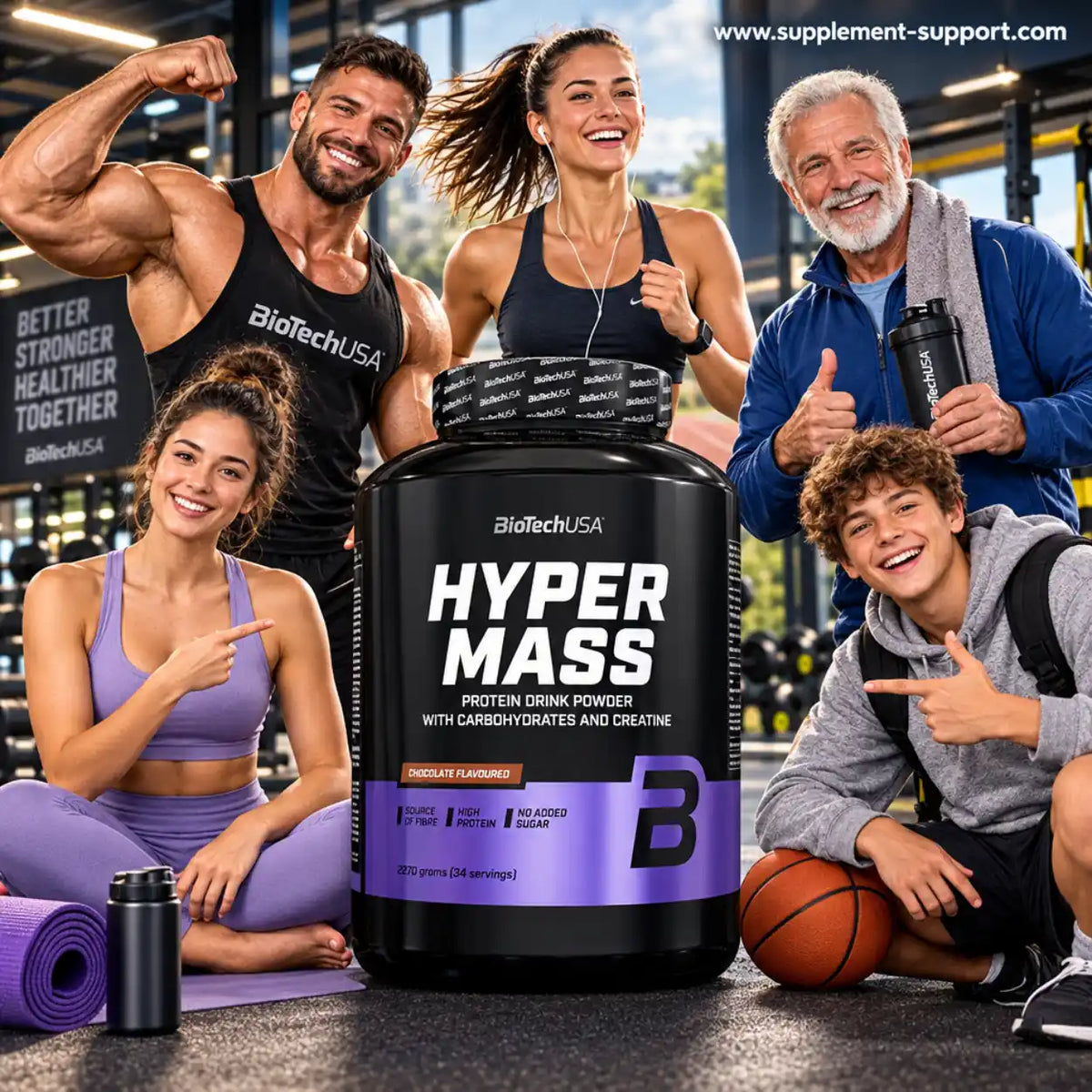 BioTech USA Hyper Mass Protein Drink Powder mit Kohlenhydraten und Kreatin in Schokolade.