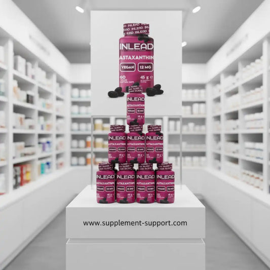 INLEAD Astaxanthin Kapseln vegan 12mg, Nahrungsergänzung im Regal einer Apotheke