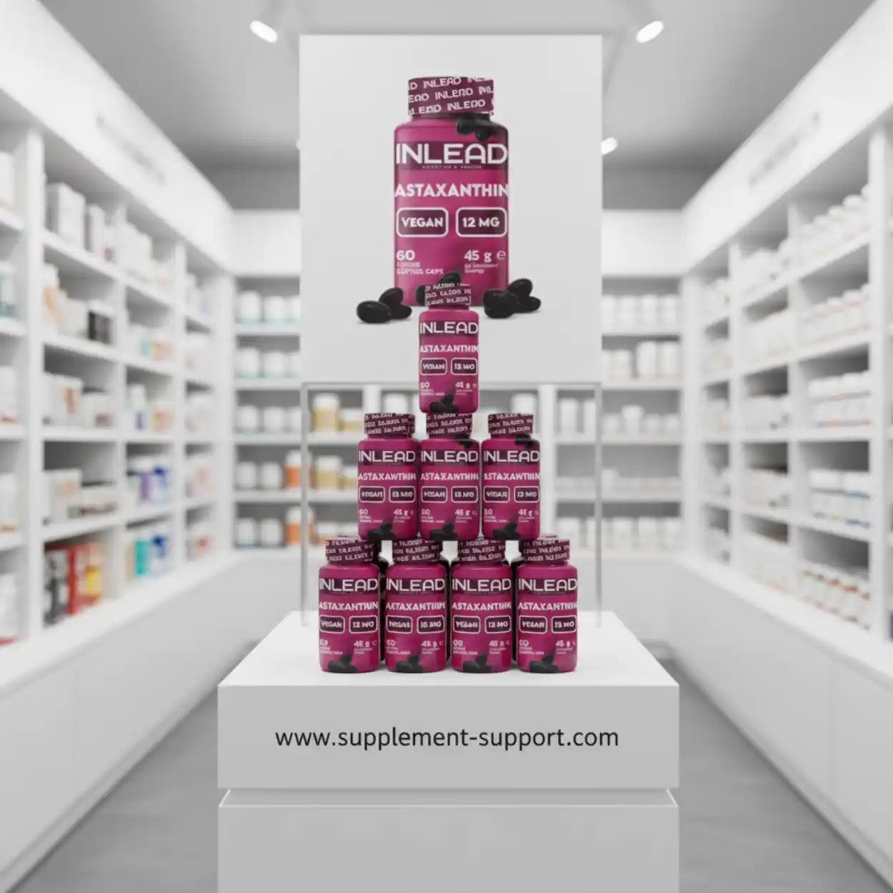 INLEAD Astaxanthin Kapseln vegan 12mg, Nahrungsergänzung im Regal einer Apotheke