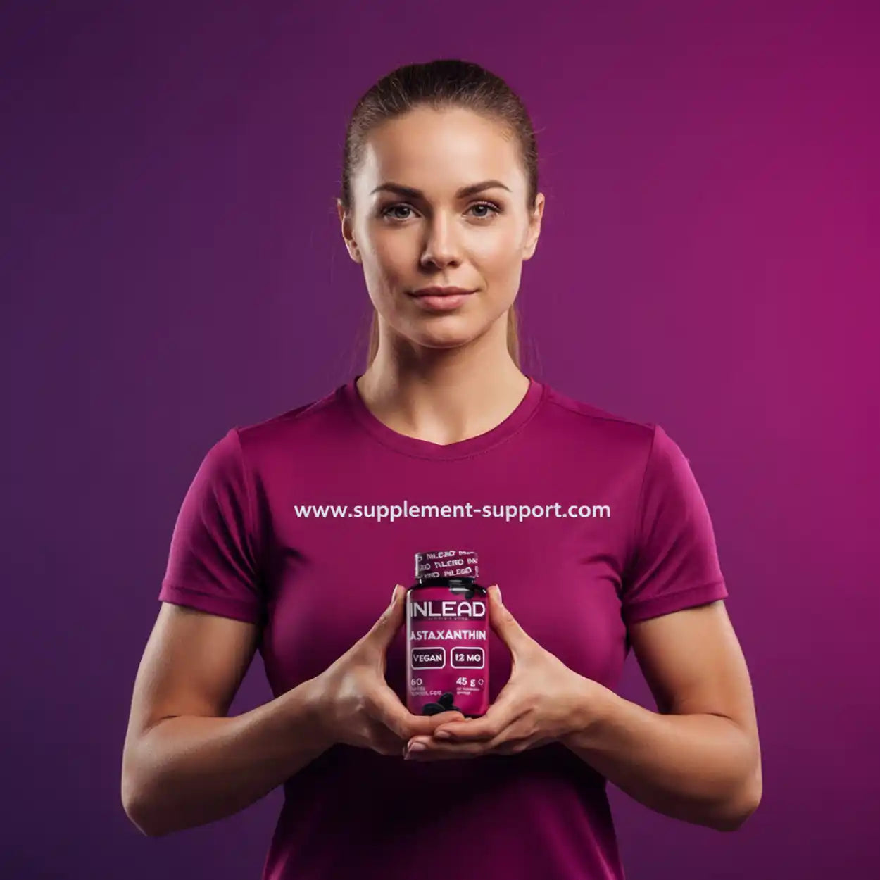 Sportliche Frau hält Astaxanthin Kapseln, Nahrungsergänzung für Fitness, auf lila Hintergrund
